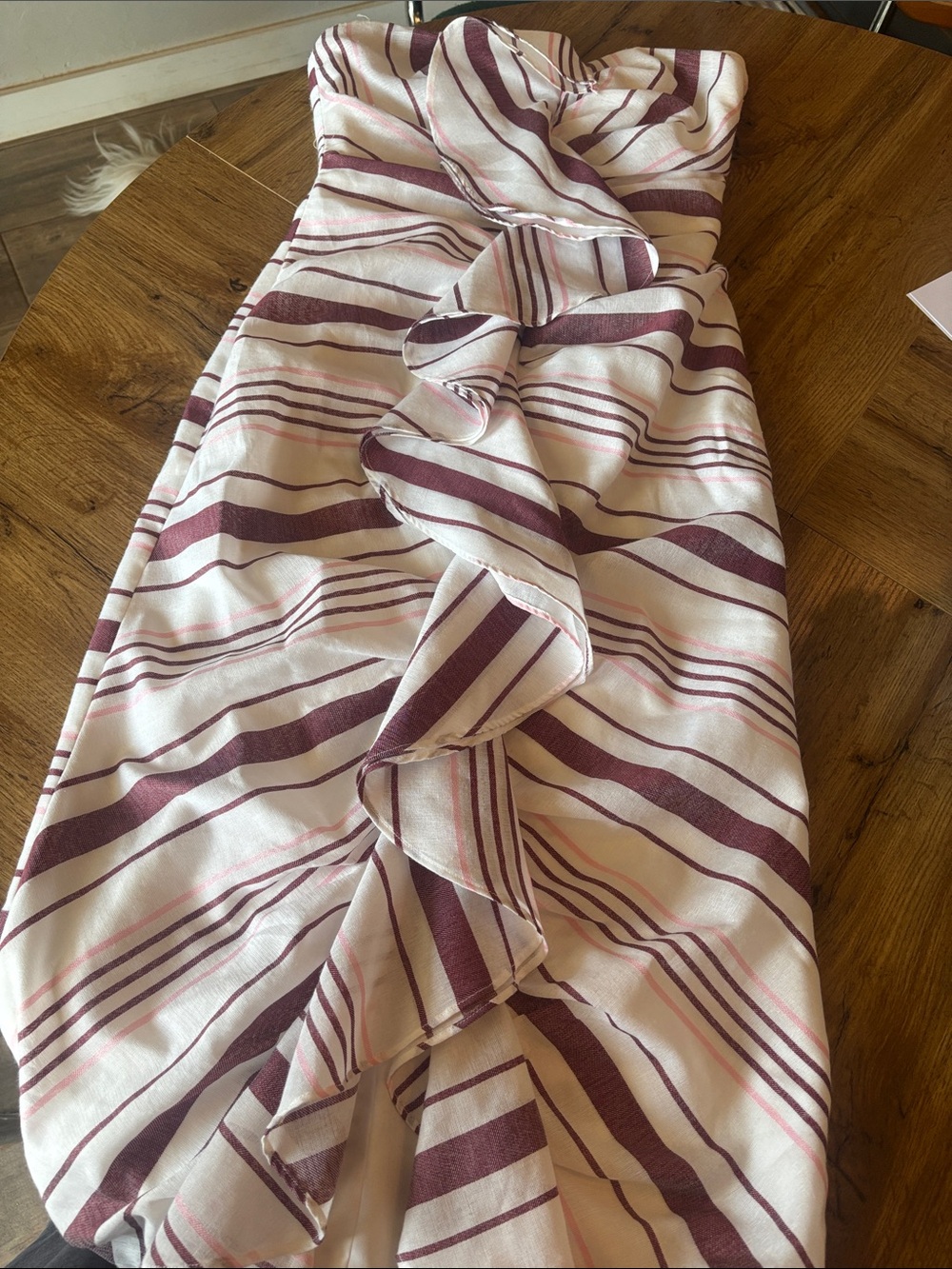 C/MEO Collective White and Burgundy Stripe Ruffle Midi Dress
